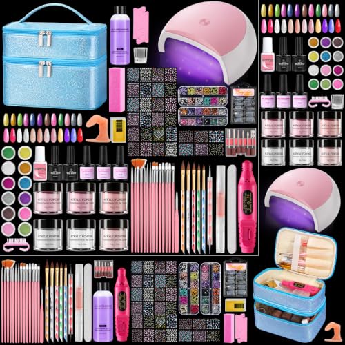 Nail Kit for Beginners, Acrylic Powder Liquid Set with Drill UV Lamp, Blue - color: Bling Blue