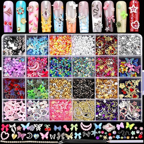 FAMDAMEI 24 Grid Nail Charms, Bedazzling Kit with Multi Shapes Cute Nail Charms and Gems, Colorful Bedazzling Gems Nail Rhinestones Kit, 3D Mermaid Starfish Shell Flower Gold Silver Pearls for DIY - color: blue mermaid starfish/red pink gem/colorful butte