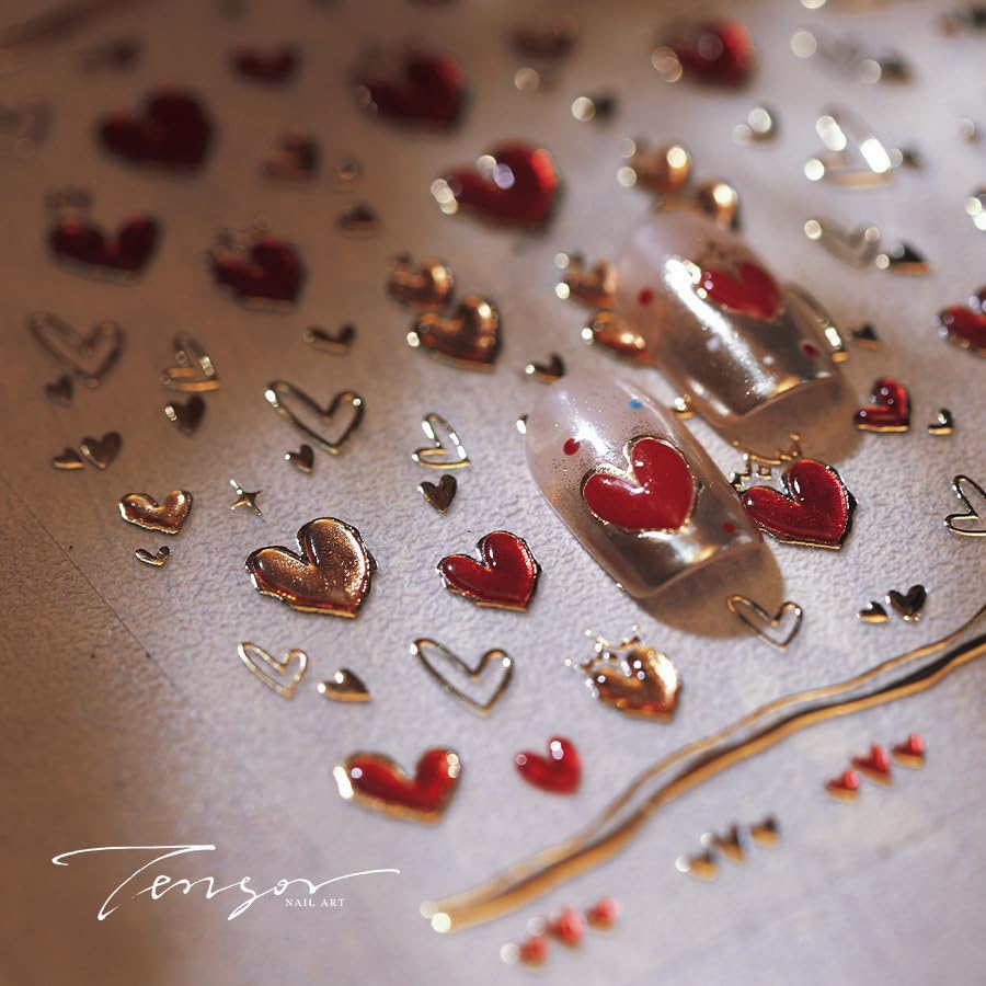 1 Sheet 5D Embossed Gold Star Nail Stickers Red Heart Moon Nail Art Stickers Valentines Day Nail Decals Love Sticker Valentines Day Gold Hearts Nail Supplies for Women DIY Acrylic Nails Decoration - style: red relief heart