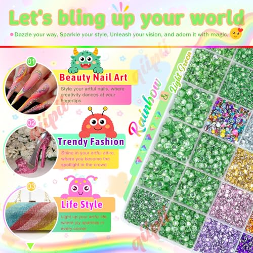 qiipii 28 Grids Light Green 2-6mm Resin Rhinestones w B7000 Glue for Bedazzling Crafting Colorful Flatback Stones Diamonds Crystals Gems Bedazzler Kit for Nails Face Eyes Makeup Tumblers DIY Crafts - color: Light Green, size: Crystal