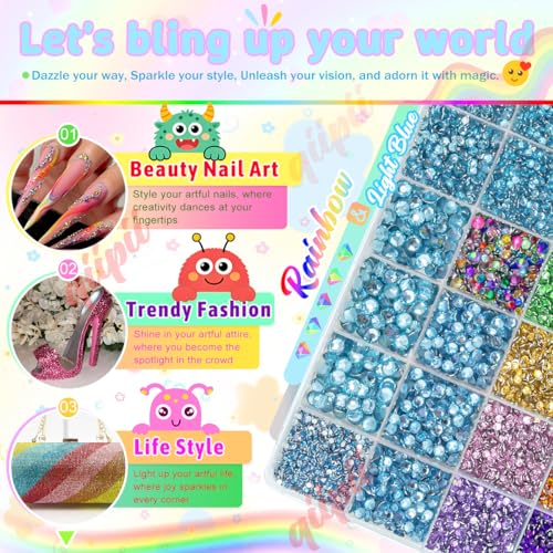 qiipii 28 Grids Light Blue 2mm-6mm Resin Rhinestones w B7000 Glue for Bedazzling Crafting Colorful Flatback Stones Diamonds Crystals Gems Bedazzler Kit for Nails Face Eyes Makeup Tumblers DIY Crafts - color: Light Blue, size: Crystal