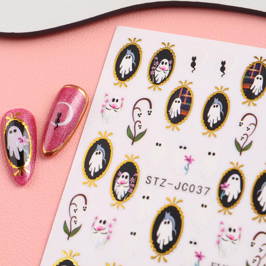 6 Sheets Halloween Ghost Nail Art Stickers Gold Frame Spiderweb Nail Decals - color: Halloween 16