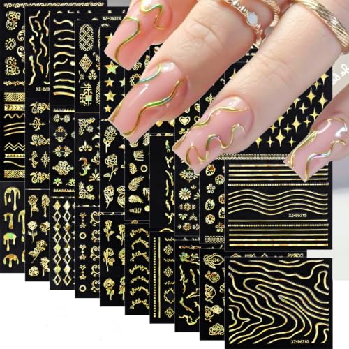 30 Sheets Gold Nail Stickers 3D Star Line Flower Nail Art Decals - color: Style-18