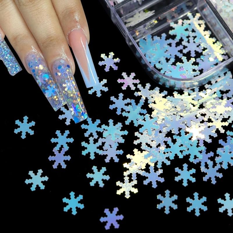 1 Box 12 Color Holographic Snowflake Nail Glitter Laser Ombre White Nail Sequins 3D Red Nail Flakes Sparkly Glitter Flakes Shiny Nail Art Glitter Winter Christmas Nail Sequins Glitter for Nails Art - color: YHN03