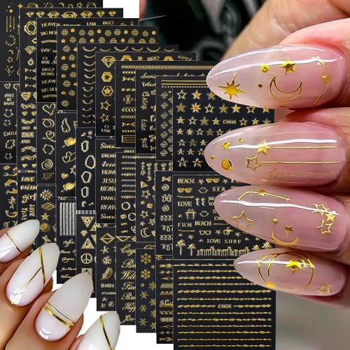 30 Sheets Gold Nail Art Stickersl, 3D Self-Adhesive Nail Decals - color: Gold-b