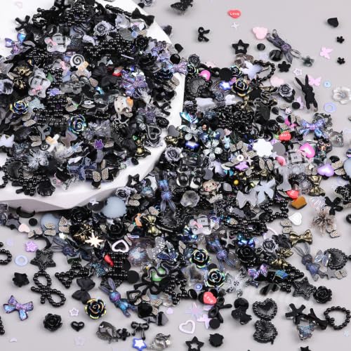 2000Pcs 3D Black Gothic Nail Charms Bulk Y2k Dark Nail Gems for Crafts Set - color: Black