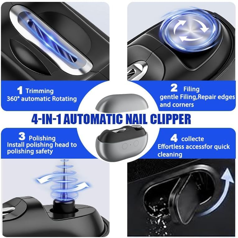 Electric-Nail-Clipper-for-Seniors-Smart Automatic Fingernail Clipper 4 in 1- Electric Nail Trimmer with Light &Nail Scraps All Ages-Toe Nail Trimmer/toenail Clipper for Men/Old-Clipper Dark Silver