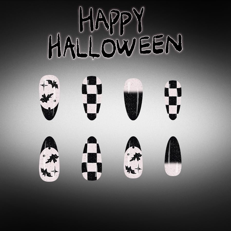 Halloween Press on Nails Black French Tip Medium Almond Fake Nails Gothic Checkerboard Black Bat with star Glitter Design False Nails Glossy Glue on Acrylic Full Cover Stick on Nails for Women 24Pcs - color: style03
