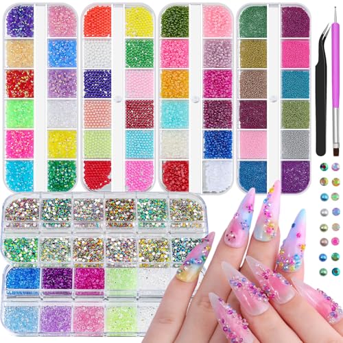 6 Boxes 1-2mm Mini Resin Rhinestones for Bedazzling Kit with Half Pearls - color: Laser AB - 1-2mm