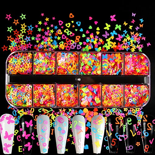 Luminous Nail Art Sequins, Fluorescent 3D Nail Glitter Flakes Design, Butterfly Flowers Stars Heart Letters Nail Decorations Holographic Acrylic Supplies Accessories False Nails Manicure Confetti Kit