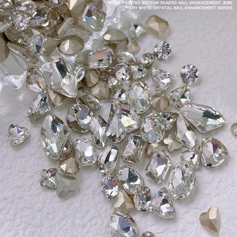 48 Pcs Big Mix Sizes Different Shape Nail Rhinestones 16 Styles 3D Glass Crystals Diamonds Love Distorts Heart Super Shiny Charms Gems Stones DIY Nail Art Decoration Craft Jewelry (White) - color: White