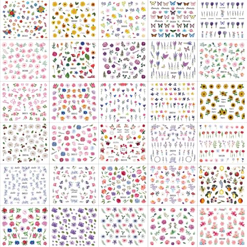 30 Sheets Flower Nail Stickers for Nail Art, 3D Self-Adhesive Nail Decals - color: Different Flower