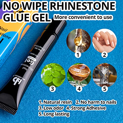 Nail Art Rhinestone Glue Gel&Flatback Gems Accessories Kit, 1 Tube of 15ml Rhinestone Gel Glue(UV/LED Needed)+1 Box of Flat-Back Round Mixed Color Gemstones with Pickup Pencil and Tweezer - color: 04 Multicolored, size: 1 pack