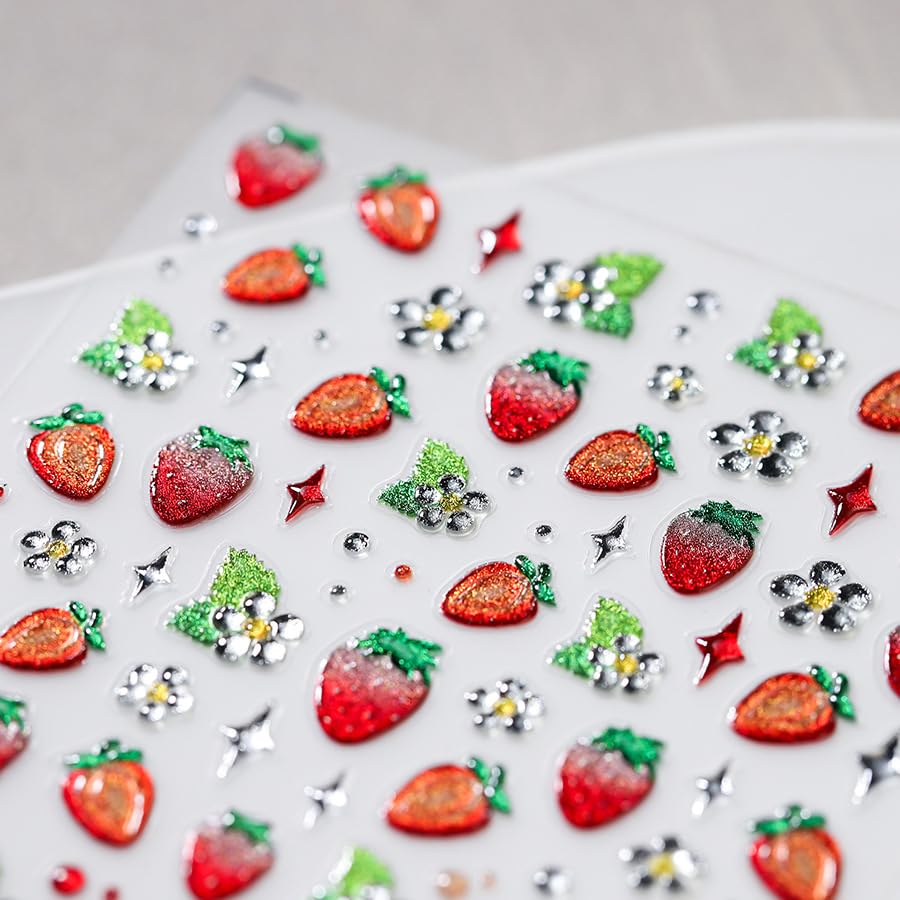 1 Sheet 5D Embossed Strawberry Nail Stickers Red Strawberry Jelly Nail Art Stickers Fruit Nail Decals Cute Red Strawberries Design Strawberries Nails Supplies for Women Summer Manicure Decor Supplies - style: strawberry