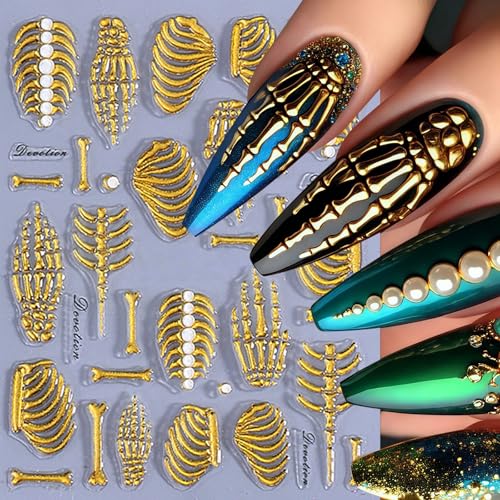 3 Sheets 5D Embossed Skull Nail Stickers for Nail Art Skeleton Nail Decals White Hand Bones Finger Skeleton Halloween Nail Art Supplies Gothic Nail Sticker for Women Halloween Nails Tips Decoration - style: skull