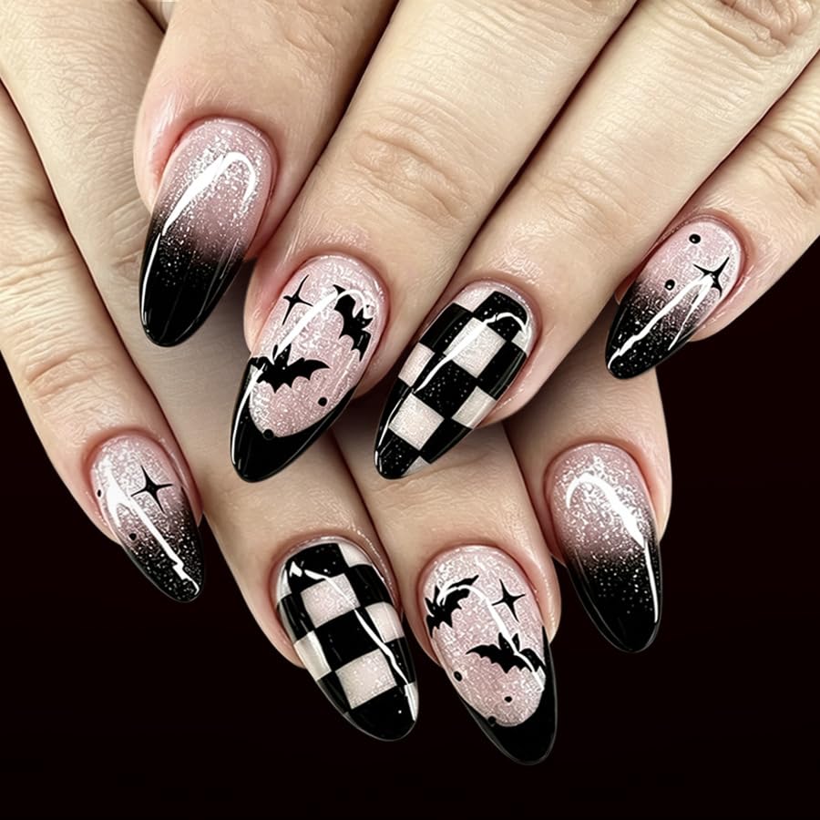 Halloween Press on Nails Black French Tip Medium Almond Fake Nails Gothic Checkerboard Black Bat with star Glitter Design False Nails Glossy Glue on Acrylic Full Cover Stick on Nails for Women 24Pcs - color: style03
