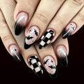 Halloween Press on Nails Black French Tip Medium Almond Fake Nails Gothic Checkerboard Black Bat with star Glitter Design False Nails Glossy Glue on Acrylic Full Cover Stick on Nails for Women 24Pcs - color: style03