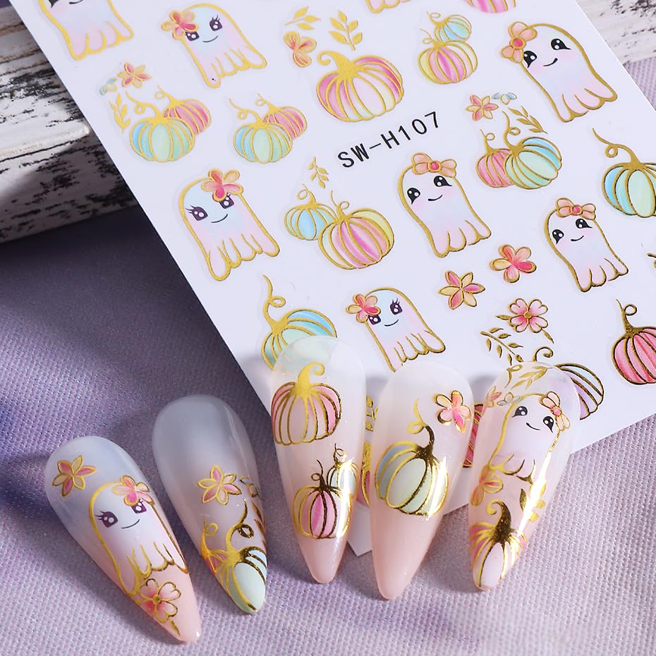 Halloween Pumpkin Nail Art Stickers Gilded Pumpkin Ghost Nail Art Decals 5 Sheets 3D Self-Adhesive Glitter Pumpkins Stickers Colorful Ghost Flower Nail Design for Women Thanksgiving Nail Supplies - color: Halloween Style13