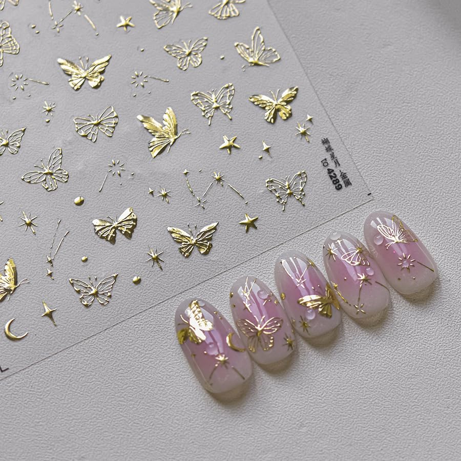 1 Sheet Golden Butterfly 5D Embossed Nail Art Stickers Self-Adhesive Star Moon Nails Decals Spring Summer Butterflies Nail Designs Hot Stamping Butterflies Nail Stickers for DIY Nail Supplies Decor - style: metal butterfly
