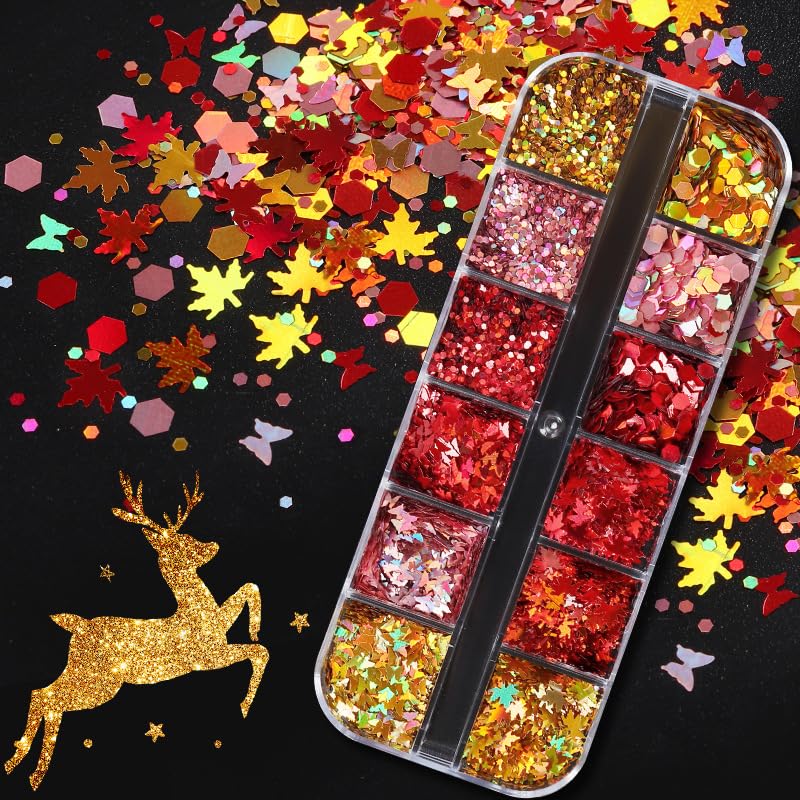 Fall Maple Leaf Nail Glitter Sequins Autumn Holographic Leaf Flakes 1 Box - color: W24